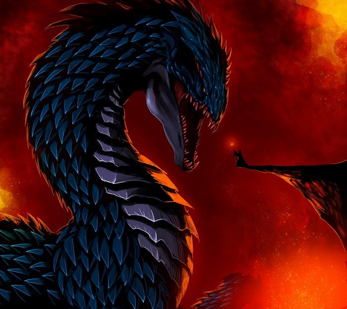 A giant blue dragon confronts a small figure holding a light