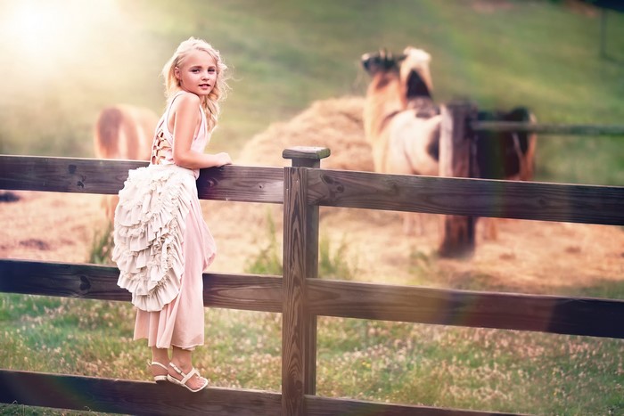 Girl in a dress on a fence with horses