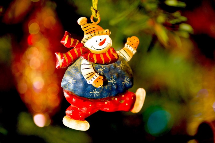 Christmas snowman ornament on a tree
