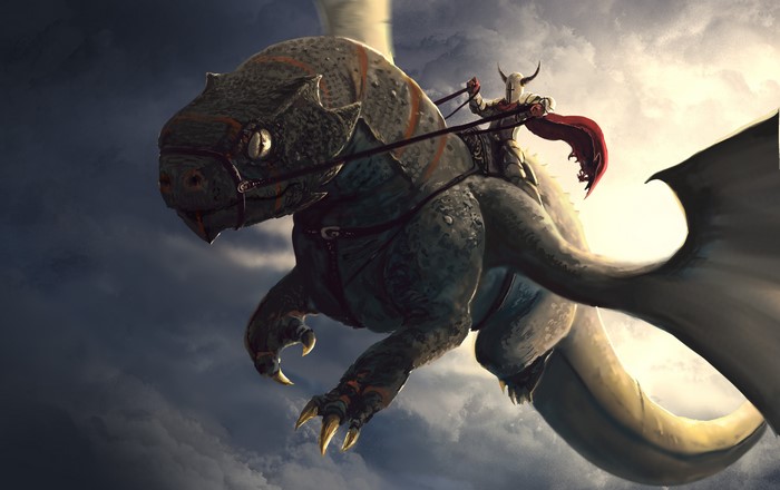 Knight riding a dragon in flight