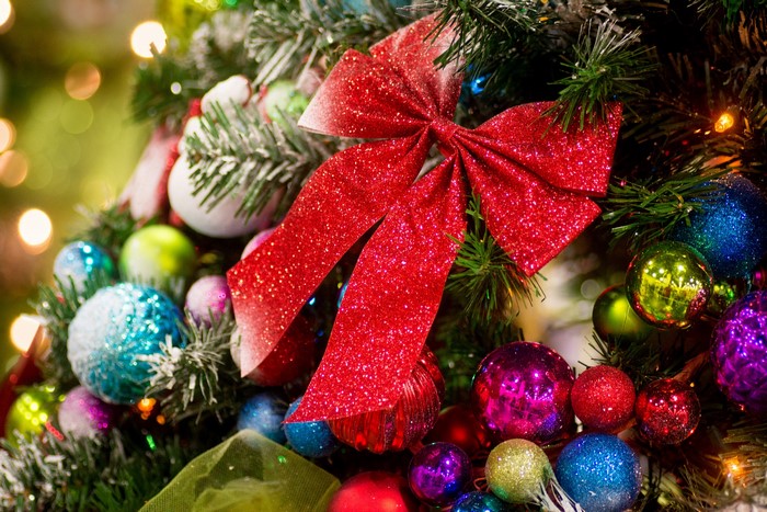 Christmas tree with red bow and ornaments