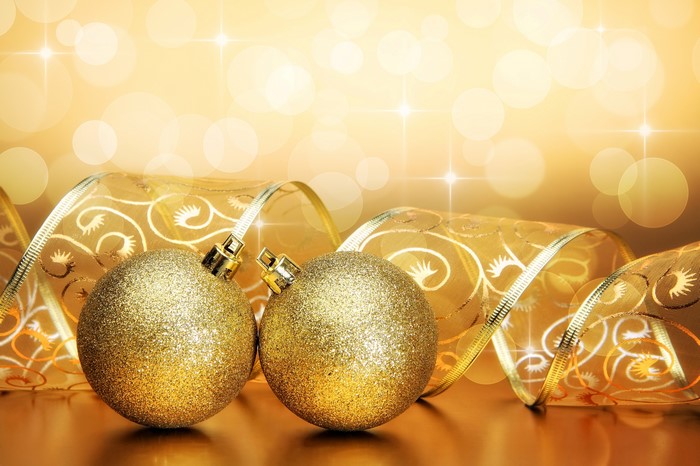 Christmas Balls and Ribbon with Golden Bokeh
