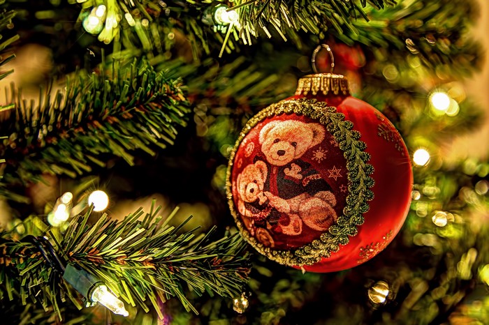 Christmas tree ornament with teddy bears and lights