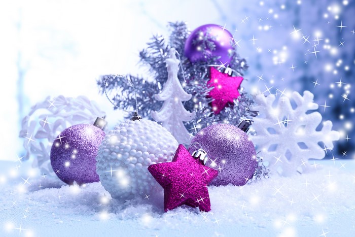 Christmas Ornaments and Snowflakes in Snow
