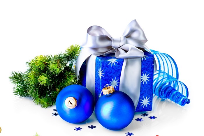Christmas Gift with Ornaments and Pine Branches