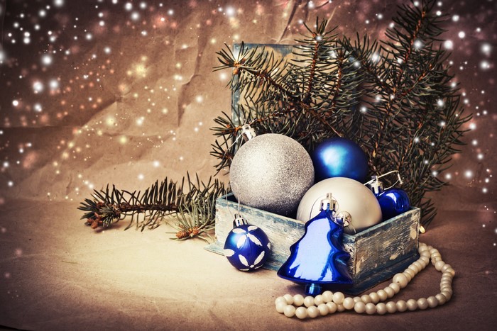 Christmas Ornaments in a Box with Pine Branches