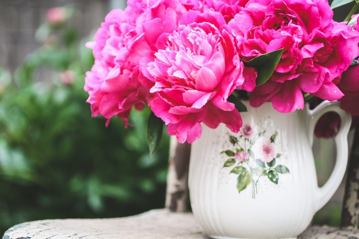 Pink Peonies in a Floral Pitcher