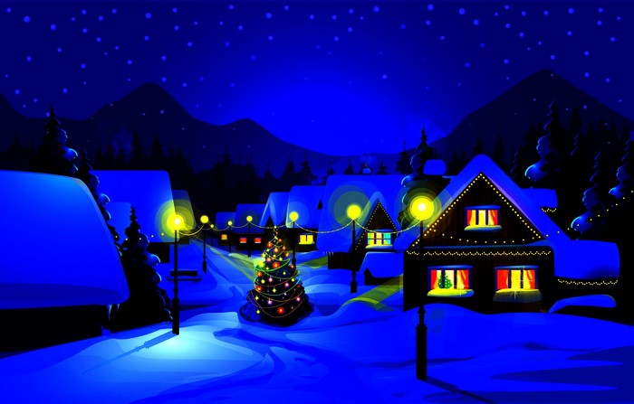 Snowy village at night with Christmas tree and street lights