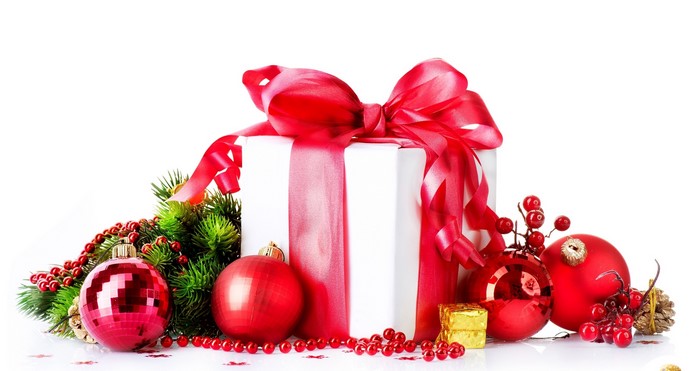Christmas Gift with Ornaments and Pine Branches