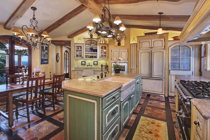 Rustic Kitchen with Dining Area and Ocean View