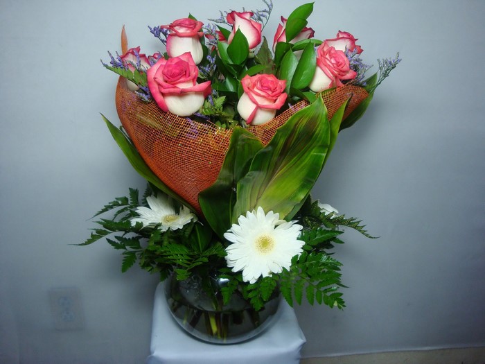 Bouquet of Roses and Gerberas in a Vase