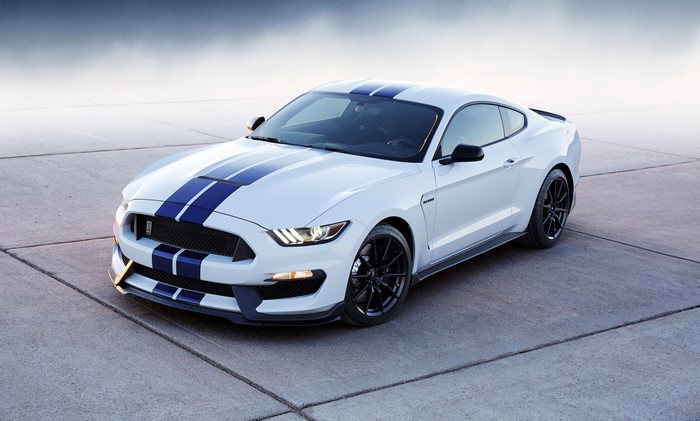 White 2015 Ford Mustang Shelby GT350 with Blue Stripes