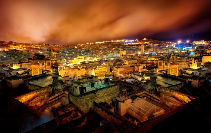 Aerial view of a city at night