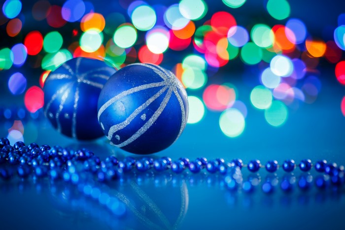 Blue Christmas Ornaments with Bokeh Lights