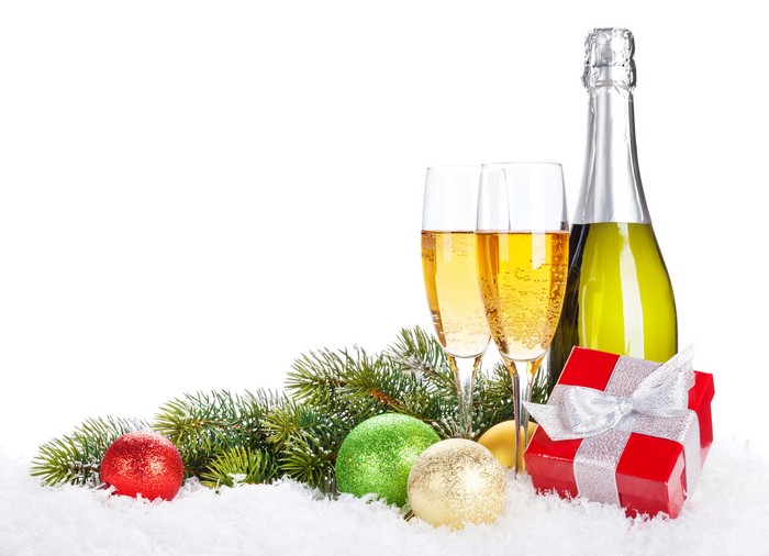 Champagne bottle and glasses with Christmas decorations
