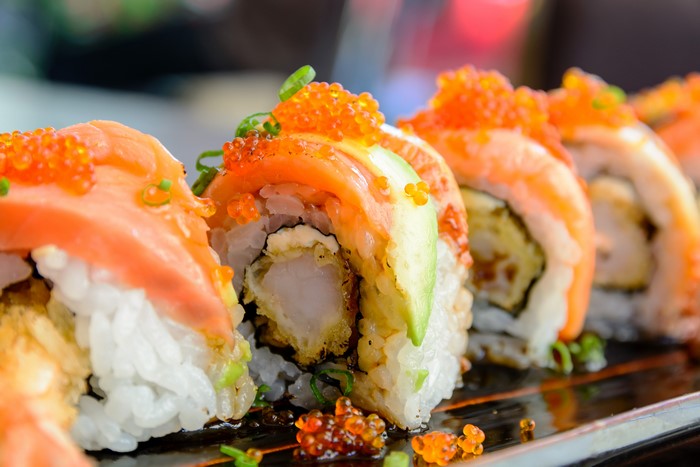 4K Sushi Closeup with Salmon and Roe