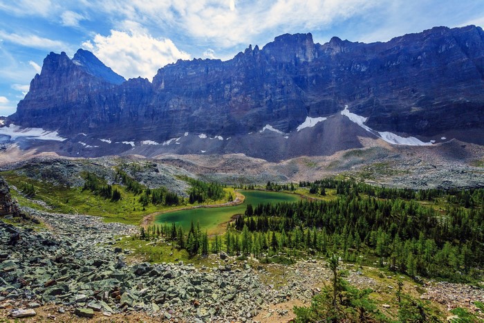 Rocky Mountains with a lake and evergreen trees