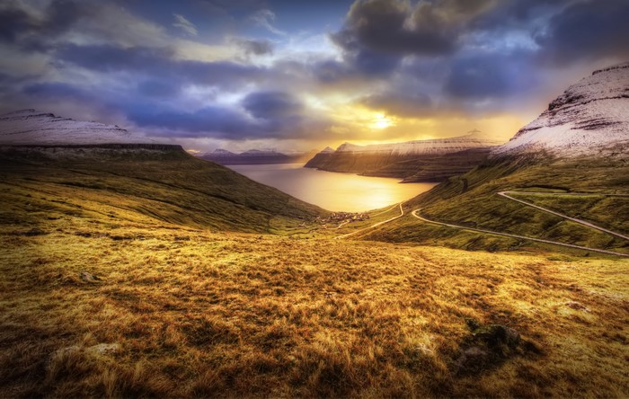 4K Faroe Islands Mountains Lake Sunset Scenery