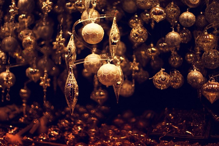 Christmas ornaments hanging in a store