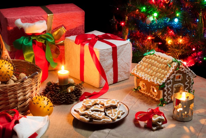 Christmas Gifts, Cookies, and Gingerbread House with Tree