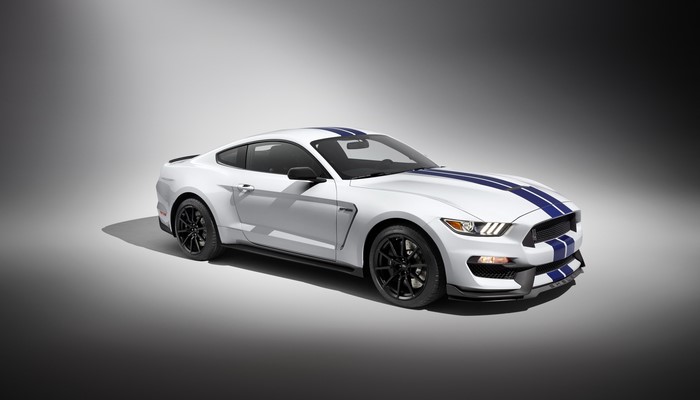 White 2015 Ford Mustang Shelby GT350 with Blue Stripes