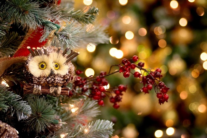 Christmas tree ornament owl with berries and lights