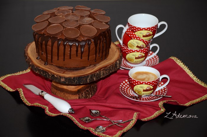 Chocolate cake with Reese's Peanut Butter Cups and coffee cups