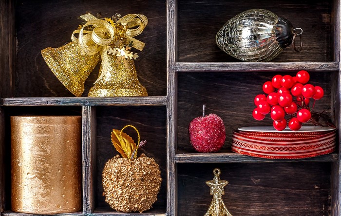 Christmas Decorations in Wooden Compartments
