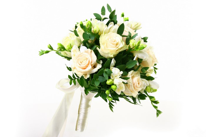 Cream Roses and Freesia Bouquet with Ribbon