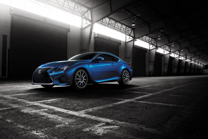 Blue Lexus RC F in a warehouse