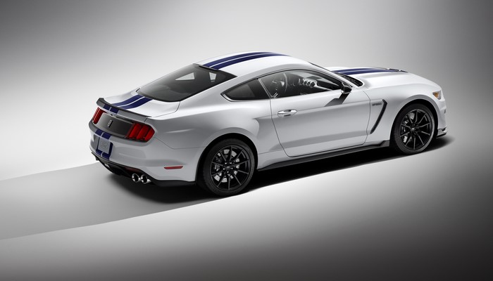 White 2015 Ford Mustang Shelby GT350 with Blue Stripes