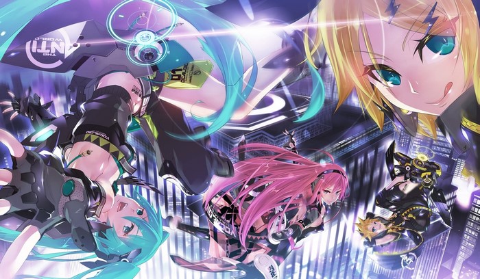 Vocaloid characters Hatsune Miku, Kagamine Rin, Kagamine Len, and Megurine Luka in a city