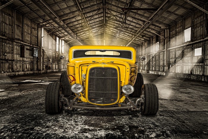 Yellow Rat Rod in a Warehouse