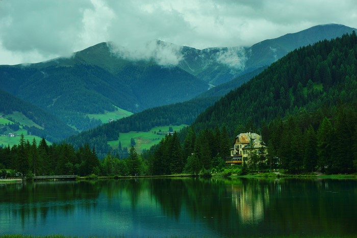 Lake and mountains in Toblach, Italy
