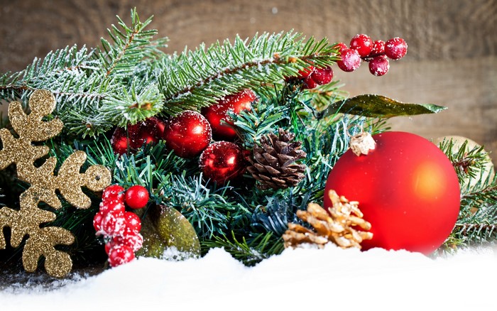 Christmas Decorations with Pine Branches and Ornaments