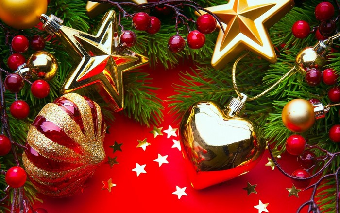 Christmas ornaments and decorations on a red background