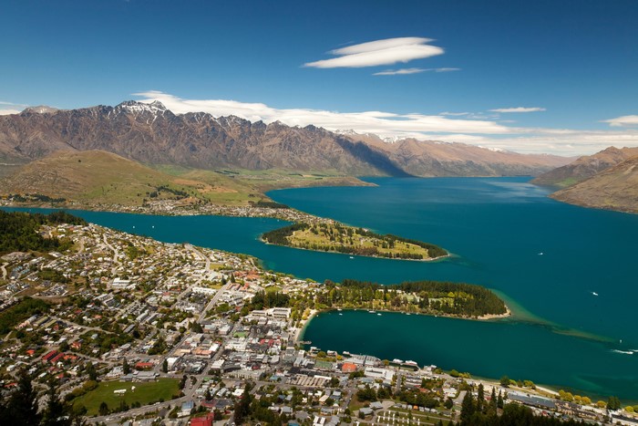 Queenstown, New Zealand from above with mountains and lake