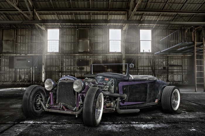 Retro hot rod car in a garage