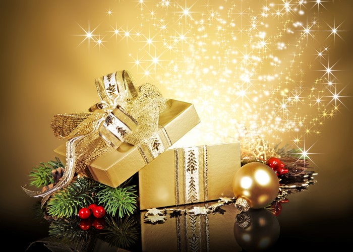 Golden Christmas Gift Box with Ornaments and Stars