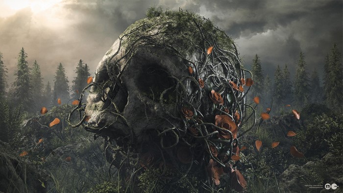 Giant skull overgrown with vines and roses in a forest