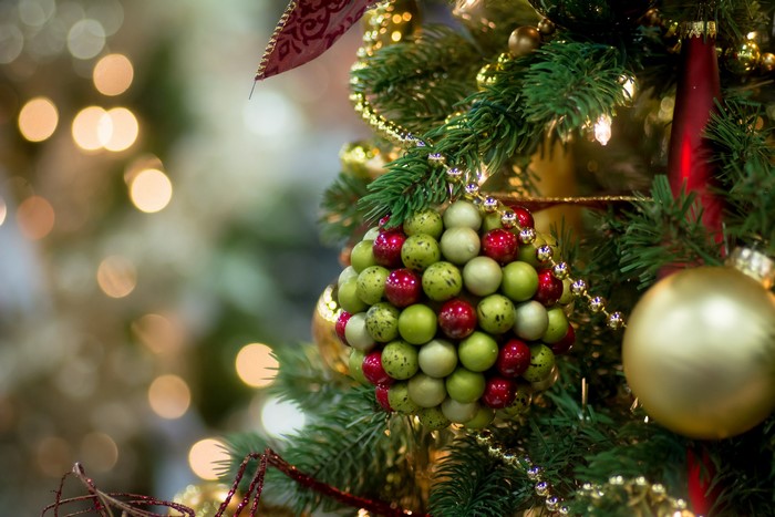 Christmas tree with ornaments and bokeh lights