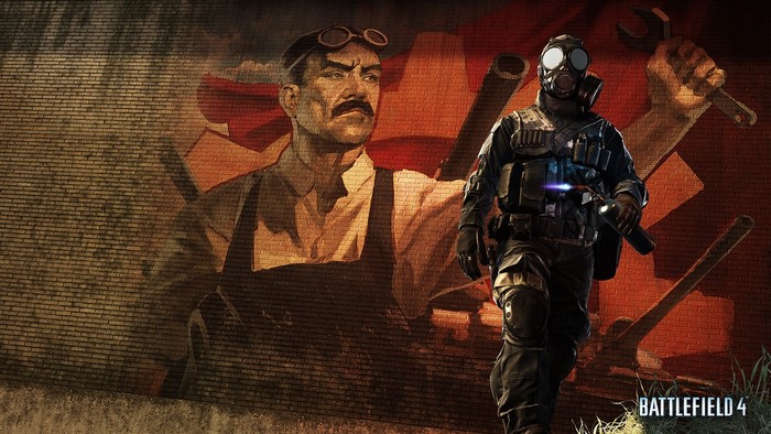 Soldier with gas mask and propaganda mural in Battlefield 4