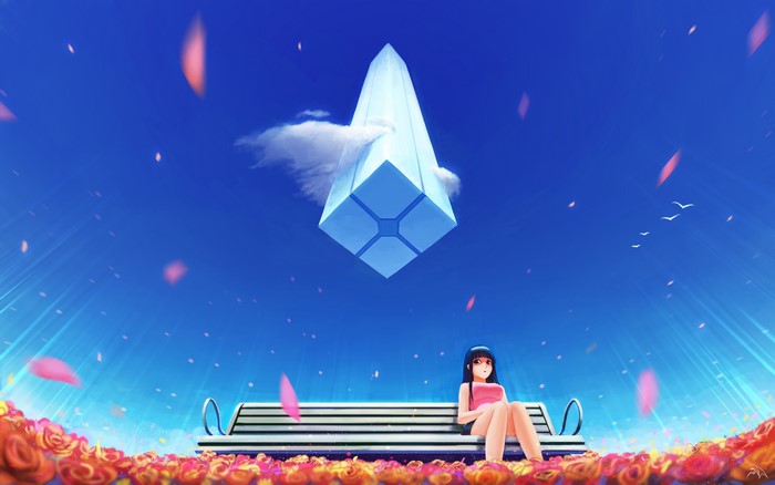 Brunette girl on a bench in a field of roses under a blue sky with a floating obelisk
