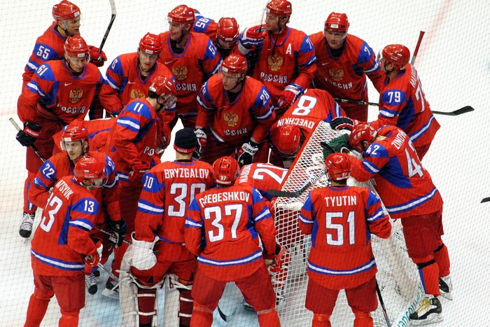 Russian Hockey Team in Red Uniforms