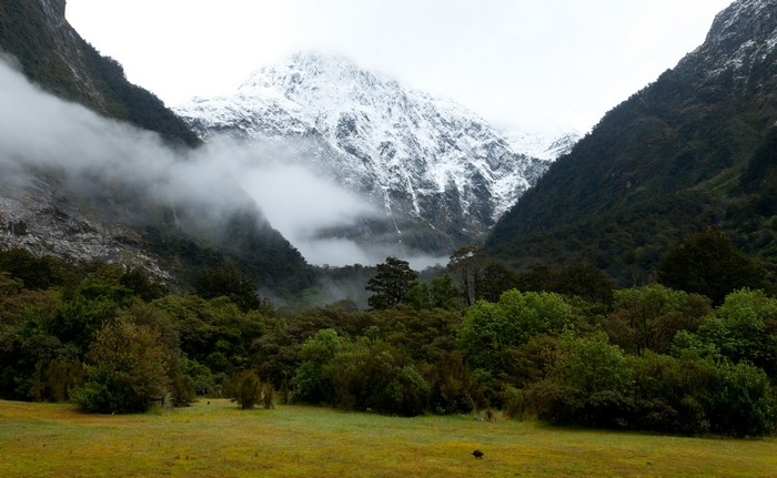 Snow-capped mountain in Fiordland National Park, New Zealand