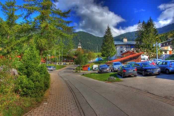 Street in Berchtesgaden, Germany with Mountains and Buildings