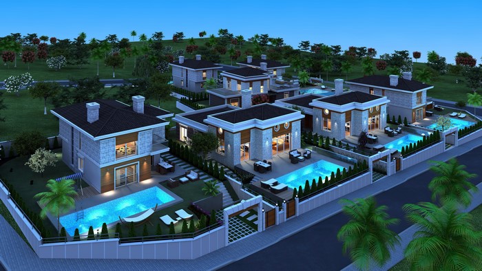 Modern Mansions with Pools at Night