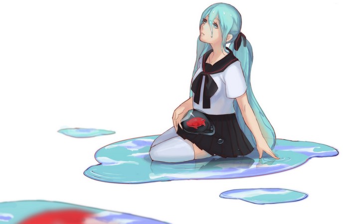 Hatsune Miku sitting in water with a red object