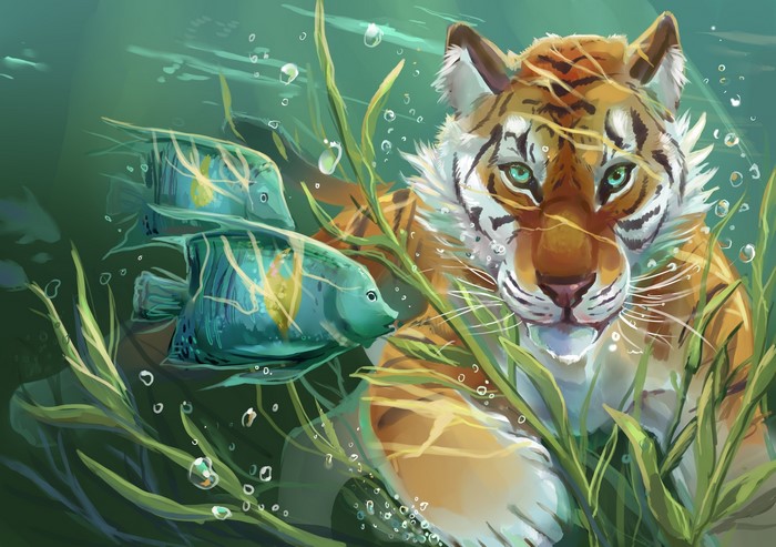 Tiger swimming underwater with fish and seaweed