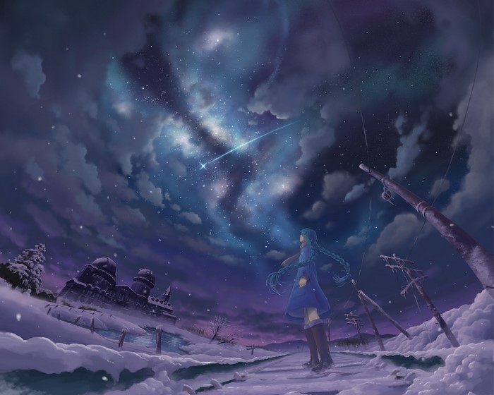 Girl with braid hair watching shooting star in snow